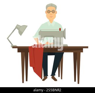 Der professionelle Designer macht Kleidung selbst mit der Nähmaschine. Mann mit grauem Haar in der Brille erstellt Outfits exklusive Outfits, sitzt am Tisch mit Lampe isoliert Karikatur flache Vektor-Illustration.. Der professionelle Designer macht Kleidung selbst mit der Nähmaschine Stock Vektor