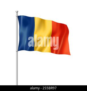Tschad-Flagge, dreidimensionales Rendering, isoliert auf weiß. Tschad-Flagge isoliert auf weiß Stockfoto