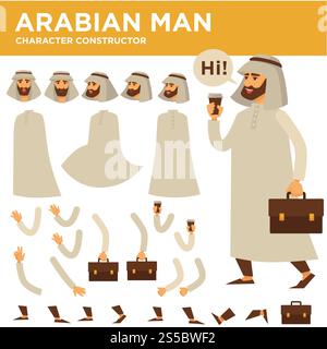 Arabian man Charakterkonstruktor. Vektor-muslimischer Geschäftsmann in traditioneller Saudi-arabischer Kleidung und Körperteilen für Baudesign. Arabian man-Charakter-Vektor-Konstruktor Stock Vektor