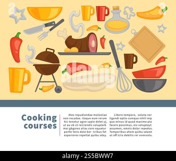 Kochschule oder Kochkurse mit Poster. Vector Kochen Küchenutensilien, Geschirr Zutaten und Besteck Ikonen von Topf, Schöpflöffel, Grill Fleisch mit Messer und Gabel. Kochschule Kochkurse Vektorplakat Stock Vektor