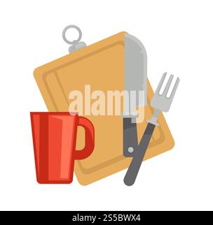 Kochutensilien Küchenutensilien, Schneidebrett, Besteckmesser, Gabel und Tasse. Chef Koch Werkzeuge Vektor flach Symbol. Küchenutensilien Vektor Schneidebrett, Tasse und Besteck Stock Vektor