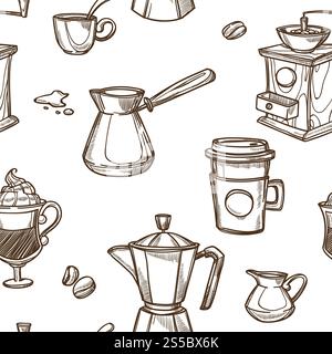Ausrüstung für die Kaffeezubereitung Skizzen im nahtlosen Muster. metalltürke, Papierschrank, Glas Latte mit Schlagsahne, alte und moderne Mühle und Tasse mit Löffelvektorillustrationen. Ausrüstung zur Kaffeeaufbereitung Sepia-Skizzen im nahtlosen Muster Stock Vektor