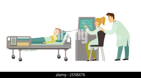 Ärztliche Kopfuntersuchung bei Patienten und Ärzten am Monitor. Rheoenzephalographie REG oder Elektroenzephalographie EEG-Enzephalographiekopf ärztliche Untersuchung von Patienten auf dem Tisch und Arzten. Kopfärztliche Untersuchungsvektorencephalographie Stock Vektor