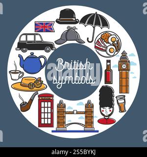 Britische Symbole aus Küche und Architektur. Traditioneller Tee, köstliches Frühstück, berühmter Big ben, riesige Tower Bridge, roter Stand, ungewöhnliche Hüte, schwarze Kabine und Vektorgrafiken der königlichen Wache. Britische Symbole aus Küche und Architektur im Kreis Stock Vektor