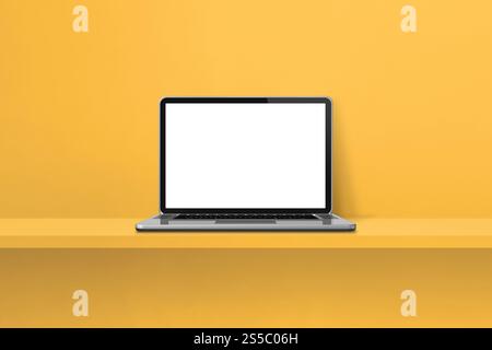 Laptop-Computer auf gelbem Regalhintergrund. 3D-Abbildung. Laptop-Computer auf gelbem Regalhintergrund Stockfoto