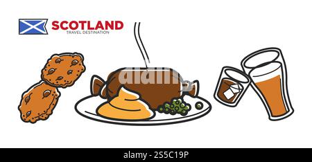 Schottland Reiseziel-Promo-Poster mit nationaler Küche. Schokoladen-Keks, heiße Wurst mit Soße, Becher Bier und Whiskey mit Cola und Eis isolierte Karikatur flache Vektor-Illustrationen Set. Schottland Reiseziel-Promo-Poster mit nationaler Küche Stock Vektor