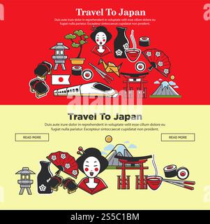 Japanische Reisewebbanner mit berühmten japanischen Wahrzeichen und Sehenswürdigkeiten für Tourismusbüros. Vektor Japanische Flagge, Fuji in Tokio, Geisha-Frau Kimono und Sushi. Japan Reisewebbanner mit japanischen Sehenswürdigkeiten und berühmten Kulturdenkmälern Stock Vektor