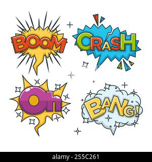 Boom, Crash, Bang und oh Bubble Sound explodieren Wolken für Comic oder Comic mit Vektorfarben Explosionen und Puffs. Boom, Crash, Knall und oh Vektor-Sound explodieren Wolken Stock Vektor