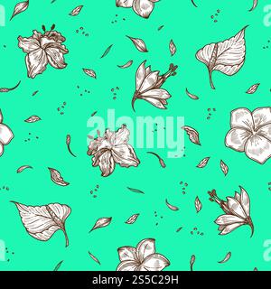 Tropische Pflanzen und exotische Blumen botanischen Ikonen Muster Hintergrund. Nahtloses Vektor-Skizzendesign von tropischem Hibiskus und Orchideen- oder Plumerieblume für Textildruck. Tropische Blumen- und Blattvektor nahtloses Muster Stock Vektor