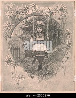 Eine antike schwarz-weiße Illustration zeigt ein Mädchen, das auf einer Schaukel schwingt. Eine Vintage-Illustration zeigt das Mädchen, das auf einer Schaukel im Garten sitzt. Alt Stockfoto