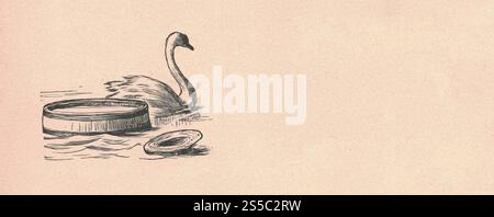 Die antike schwarz-weiße Abbildung zeigt einen Schwan, der im Fluss schwimmt. Eine Vintage-Illustration zeigt den Schwan, der im Fluss schwimmt. Altes Bild von der Fee Stockfoto