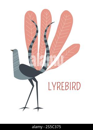 Lyrebird Cartoon lustiger niedlicher Vogel von Vektor australische oder Neuseeland Tiere Zoo Sammlung für Kinder T-Shirt Kleidung Druck. Lyrebird Cartoon Vektor Vogel aus Australien Stock Vektor