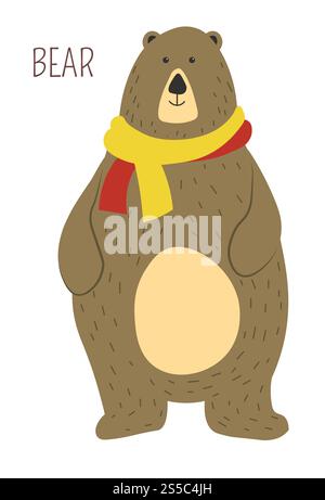 Bär oder Zeichentrick lustiger süßer Grizzly im Strickschal aus der Vector Forest Wild Animals Zoo Kollektion für Kinder T-Shirt Kleidung Print. Bär Cartoon lustig süßes Vektortier Stock Vektor