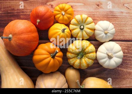 Kürbisse und Kürbisse auf hölzernem Hintergrund. Stockfoto