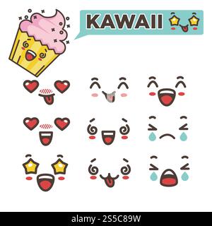 Kawaii Emojis setzen asiatisch-japanische Smileys-Poster mit Cupcake köstlichem Dessert in Form von Kreatur. Emoticons zeigen Liebe und Anbetung, Lachen und Glück, isoliert auf Vektorillustration. Kawaii Emojis setzen asiatisch japanische Smileys Vektor Illustration Stock Vektor