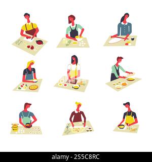 Woman cooking at kitchen table, making pizza or soup and cutting food ingredients for baking or stewing in utensils. Vector cartoon isolated icons. Woman cooking vector cartoon isolated icons Stock Vector