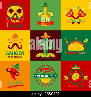 Logovorlagen für ein Restaurant mit mexikanischer Küche oder ein Fast-Food-Café. Vektor-Karikaturikonen von Mexiko Tacos, Chili Pfeffer und Kakteen mit Schnurrbärten oder Schädel und Tequila für die Bar. Mexikanische Küche Restaurant oder Café Vektorsymbole Stock Vektor