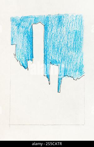 Skizze der Skyline von Guangzhou China unter blauem Himmel in handgezeichneter Zeichnung mit schwarzem Stift und Farbstiften auf altem, weißem Strukturpapier Stockfoto