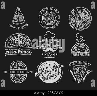 Typografisches Set Mit Pizzabetiketten. Pizza Festival oder Pizzafest. Vintage Food Pizza Logos Vorlagen für Restaurant. Vektorabbildung... Typografisches Set Mit Pizzabetiketten. Stock Vektor