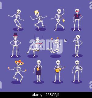 Cartoon Skelette Charaktere. Vektor Dia de los Muertos mexikanisches Feiertagsdesign der Frau Skelett im Kleid, lustiger Junge mit Skull T-Shirt oder Fußball und Gitarre spielen oder mit Maracas im Sombrero tanzen. Menschen in Sauna Männer und Frauen Charaktere. Vektorsymbole Stock Vektor