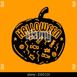 Halloween stilvolles Logo Schwarze Vektor-Illustration für Karte, Einladung und Banner. Isoliert auf weißem Hintergrund. Happy Halloween Logo mit geschwungenen Kürbissen Stock Vektor