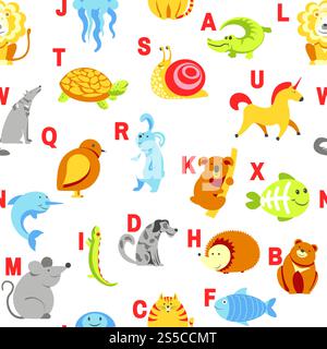 Alphabettiere und Buchstaben Untersuchungsmaterial für Kindervektor. U für Einhorn, Hund und Igel, Maus und Katze, Fisch und Schildkröte, Schnecke und Alligator. Nahtloses Muster mit abc für kleine Kinder zum Lernen. Alphabettiere und Briefstudien für Kindervektor Stock Vektor