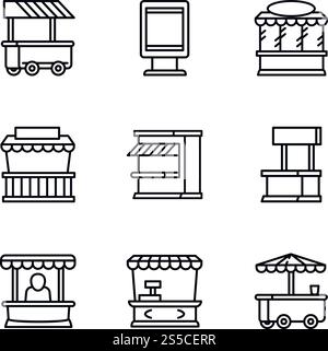 Straßenmarkt-Symbolsatz. Umrisssatz von 9 Straßenmarkt-Vektorsymbolen für Webdesign isoliert auf weißem Hintergrund. Straßenmarkt-Symbol-Set, Umrissstil Stock Vektor