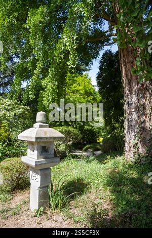 Traditionelle Lampe in einem japanischen Garten. Zen-Hintergrund. Steinlampe in einem japanischen Garten Stockfoto