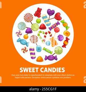 Poster mit Süßigkeiten und Karamellbonbons für Süßwaren oder Süßigkeiten. Vektor-Ikonen von Marmeladenbären, Lollipops, Zuckerlutscher oder harten Süßigkeiten und Toffee Comfits und Bonbonbonbons. Poster mit Süßigkeiten und Karamellbonbons für Süßwaren oder Süßigkeiten. Stock Vektor