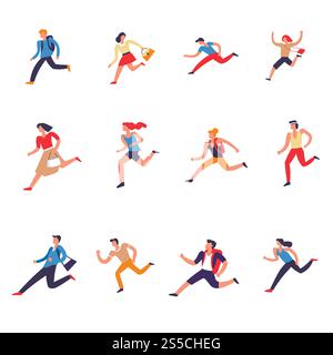 Menschen, Männer und Frauen, die vorwärts laufen, setzen Vektor. Arbeiter, die mit der Arbeit beschäftigt sind, beeilen sich und verspäten sich für etwas. Frau mit Handtasche in den Händen, Mann mit Rucksack, Person, die versucht, rechtzeitig zu sein. Menschen, Männer und Frauen, die vorwärts laufen, setzen Vektor Stock Vektor