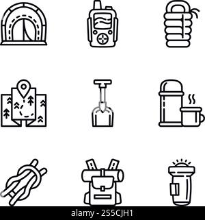 Symbolsatz Campingausrüstung. Umrisssatz von 9 Vektorsymbolen für Webdesign isoliert auf weißem Hintergrund. Campingausrüstung Iconset, Umrissstil Stock Vektor