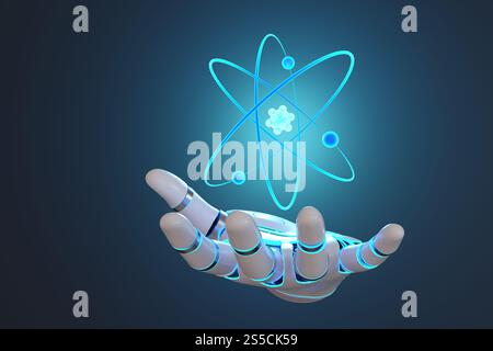 Umlaufbahnen und Struktur eines Atoms, das über der Handfläche einer Roboterhand in dunklem Hintergrund schwebt. Konzept der Kernenergie und des Quantenrechnens Stockfoto