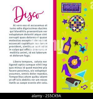 Epische Disco-Party-Promo-Banner mit Beispieltext. Glänzende Kugel, Flasche Champagner, Vinylscheibe, Damenschuh, bunte Sterne und Notizen, Neon-Schild und Videcam-Zeichentrickfilm flache Vektor-Illustrationen Set.. Epische Disco-Party-Promo-Banner mit Beispieltext Stock Vektor