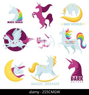 Einhornlogo für magisches Pferd. Vektor-Ikonen Set aus mythischen dunklen Einhornern läuft auf Regenbogen mit goldenen Sternen und Mondsilhouette. Einhorn Zauberpferd Vektor Regenbogen Ikonen Stock Vektor