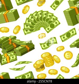 Dollars und Cent Geldscheine und goldene Cent Münzen Ikonen nahtloses Muster. Vektorpapier- und Münzgeldstapel und -Haufen für Bankfinanzierungsgeschäfte oder Casino Poker Jackpot Cash Win Spiel. Dollars und Cent Geldscheine und goldene Cent Münzen Ikonen nahtloses Muster. Stock Vektor