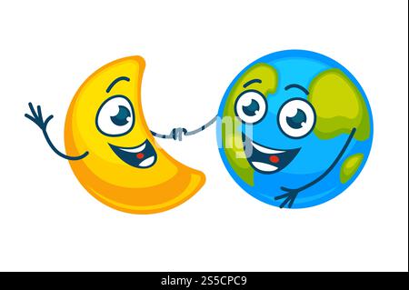 Erde und goldener Mond mit glücklichen Gesichtern halten die Hände. Planet in fröhlicher Stimmung und glänzender Sichel mit breitem aufrichtigem Lächeln Tanz zusammen isolierte Zeichentrickfilm flache Vektor-Illustration auf weißem Hintergrund.. Erde und goldener Mond mit glücklichen Gesichtern halten die Hände Stock Vektor