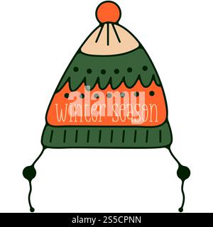 Weihnachtsetikett mit Wintermütze, Sticker, Stempel und Abzeichen im Retro-Stil. Silvester-Feiertage-Elemente isoliert auf weißem Hintergrund. Illu Stockfoto