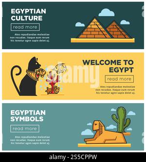 Willkommen bei Ägypten Werbe-Internet-Poster-Vorlagen-Set. Ägyptische Kultur und Symbole auf Online-Bannern von Reisebüros. Berühmte Pyramiden und große Sphinx-Comic-Vektor-Illustrationen... Willkommen bei Ägypten Werbe-Internet-Poster-Vorlagen-Set Stock Vektor