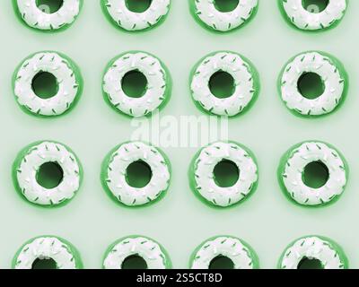 Viele kleine Plastikkrapfen liegen auf einem pastellfarbenen Hintergrund. Flaches Design mit minimalem Muster. Draufsicht. Viele kleine Plastikkrapfen liegen auf einem Pastell Stockfoto