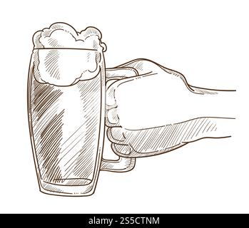 Großer Becher mit dickem Schaum auf der männlichen Hand. Mans Palme hält Glas voll von niedrigem Alkoholgetränk mit bequemem Griff isolierte Karikatur flache monochrome Vektor-Illustration auf weißem Hintergrund. Großer Becher mit Schaum in männlicher Hand Stock Vektor