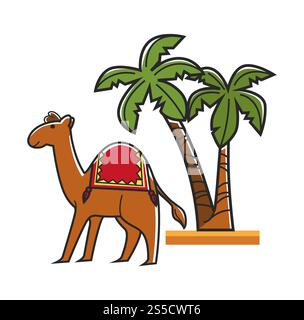 Ägiptisches Kamel mit Sattel und hohen tropischen Palmen. Hardy Tier mit Hunch für Transport in leeren Wüsten andexotische Baumpflanzen isolierte Karikatur flache Vektor-Illustration auf weißem Hintergrund. Ägiptisches Kamel mit Sattel und hohen tropischen Palmen Stock Vektor