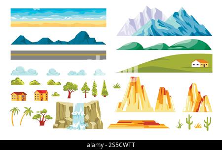 Landschaftsbauelemente und Naturbauelemente. Vektor flache, isolierte Ikonen von Haus auf dem Feld, Berg oder Tal und Wald Bäume auf der Straße mit Felsen und Wasserfall für nahtlose Kulisse. Landschaftsbauelemente und Naturbauelemente. Vektorflach isoliert Stock Vektor