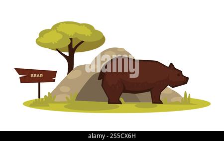 Bär Zoo Tier und hölzerne Plakatvektor Zeichentricksymbol. Isolierter wilder Grizzlybär im natürlichen Waldgebiet für zoologischen Park oder Kinder-Design-Vorlage. Bären Zoo Tier und hölzerne Schilder Vektor-Zeichentricksymbol für zoologischen Park Stock Vektor