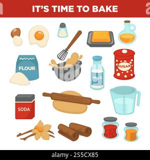 Brotbackzutaten und Küchenutensilien. Vektor-flache Symbole von Teig und Nudel, Mehl oder Eier, Milch und Zucker, Butter und Öl oder süße und aromatische Gewürze für Backrezept. Brotbackzutaten Vektorbackwerkzeuge Stock Vektor
