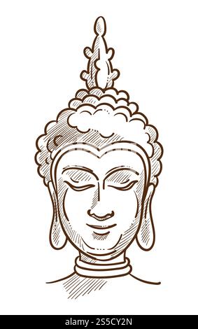 Budha Asiatische Religion Charakter monochrome skizzierte Umrisse. Handgezeichnetes Bild des Hauptgründers des Buddhismus, Siddartha Gautama in ruhigem Zustand. Aufgeklärter Mann Prinz aus Nepal Vektor-Illustration. Budha Asiatische Religion Charakter monochrome Skizze Vektor Illustration Stock Vektor