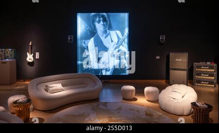 Christie's, London, Großbritannien. Januar 2025. Die Londoner Auktion des mehrfach-Grammy-Preisträgers Jeff Beck (1944–2023) – Gitarrensammlung findet am 22. Januar 2025 statt. Dieser einzigartige Verkauf von über 130 Gitarren, Amps und „Werkzeugen des Handels“, den Jeff während seiner fast sechs Jahrzehnte langen Karriere spielte, von The Yardbirds im Jahr 1965 bis zu seiner letzten Tour im Jahr 2022. Quelle: Malcolm Park/Alamy Live News Stockfoto