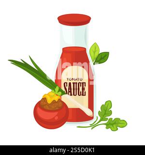 Köstliche Soße in Glasflasche mit frischem Grün. Gefülltes reifes saftiges Gemüse mit Hackfleisch, aromatischem Lauch und grüner Petersilie isolierte Zeichentrickfilm flache Vektorillustration auf weißem Hintergrund. Köstliche Soße in Glasflasche mit frischem Grün Stock Vektor