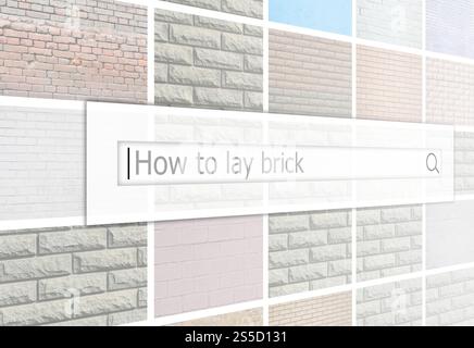 Visualisierung der Suchleiste auf dem Hintergrund einer Collage von vielen Bildern mit Bruchstücken von Ziegelwänden in verschiedenen Farben nah oben. Vorgehensweise Stockfoto