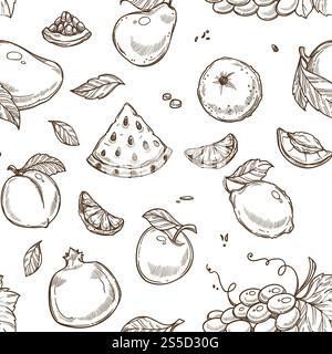 Wassermelonenfrucht und Apfel mit Blatt monochromen Skizzen Umrandung, nahtlose Muster Vektor. Bio-Lebensmittel und Scheiben von Orangen, Trauben und Pfirsich, Aprikosen und Birnen, Granatapfel reich an Vitaminen. Wassermelonenfrucht und Apfel mit Blattskizzen Muster Vektor Stock Vektor