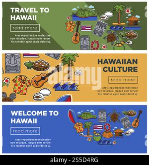 Hawaii Reise-Web-Banner mit berühmten hawaiianischen Symbolen oder touristischen Sehenswürdigkeiten und Wahrzeichen Ikonen. Vektor Tourismus Agentur Design von hawaiianischen Aloha Tänzer, exotische Kokos oder hawaiianisches Hemd. Hawaii-Reiseplakate mit berühmten hawaiianischen Sehenswürdigkeiten und kulturellen Wahrzeichen Stock Vektor